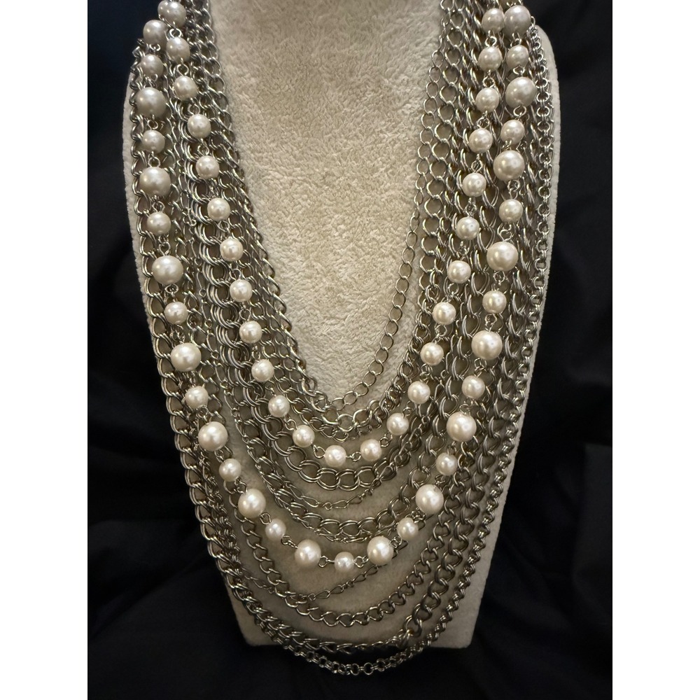 Banana Republic Multi Strand Silver Chain and Faux Pearl Statement Necklace NWT
